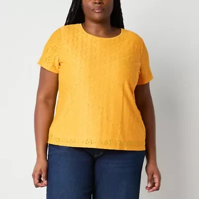 Liz Claiborne Womens Round Neck Short Sleeve Lace Plus Blouse