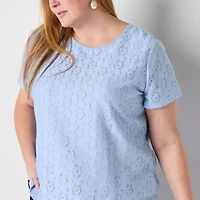 Liz Claiborne Womens Plus Round Neck Short Sleeve Lace Blouse