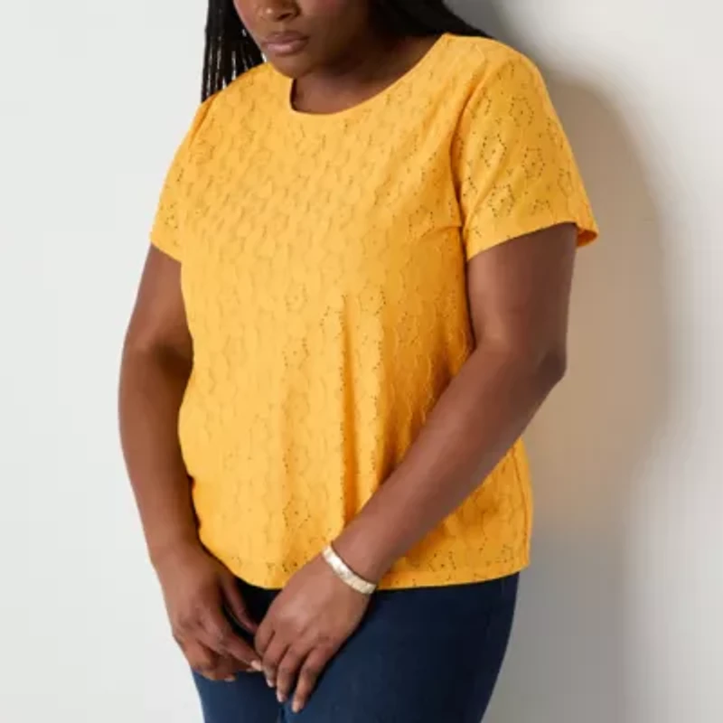 Liz Claiborne Womens Round Neck Short Sleeve Lace Plus Blouse