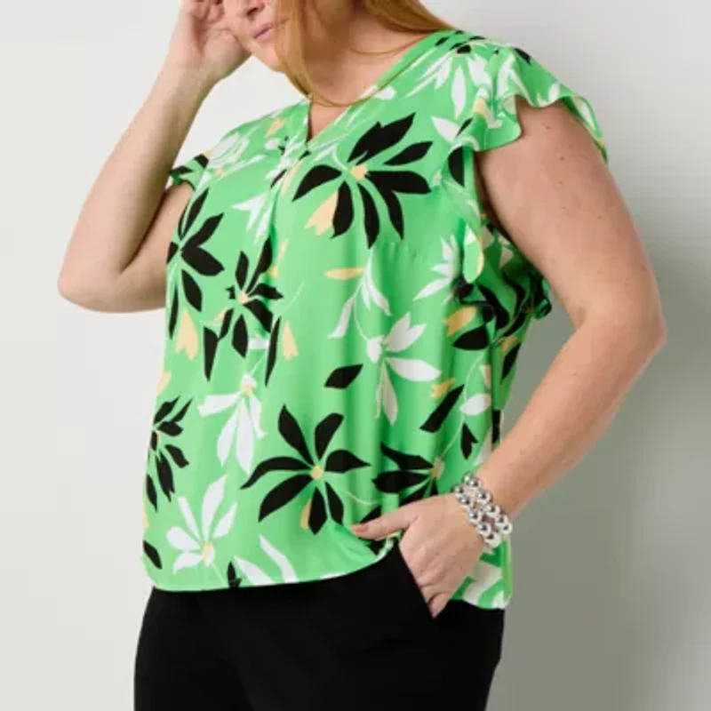 Liz Claiborne Womens V Neck Short Sleeve Satin Plus Blouse