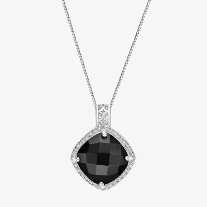 Womens Genuine Black Onyx Sterling Silver Cushion 18 Inch Pendant Necklace