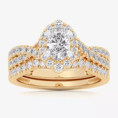 Signature By Modern Bride (G-H / Si1-Si2) Womens 1 1/3 CT. T.W. Lab Grown White Diamond 10K Gold Oval Side Stone Halo Bridal Set