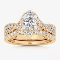 Signature By Modern Bride (G-H / Si1-Si2) Womens 1 1/3 CT. T.W. Lab Grown White Diamond 10K Gold Oval Side Stone Halo Bridal Set
