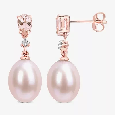 Womens Diamond Accent Dyed Pink Cultured Freshwater Pearl 10K Rose Gold Drop Earrings