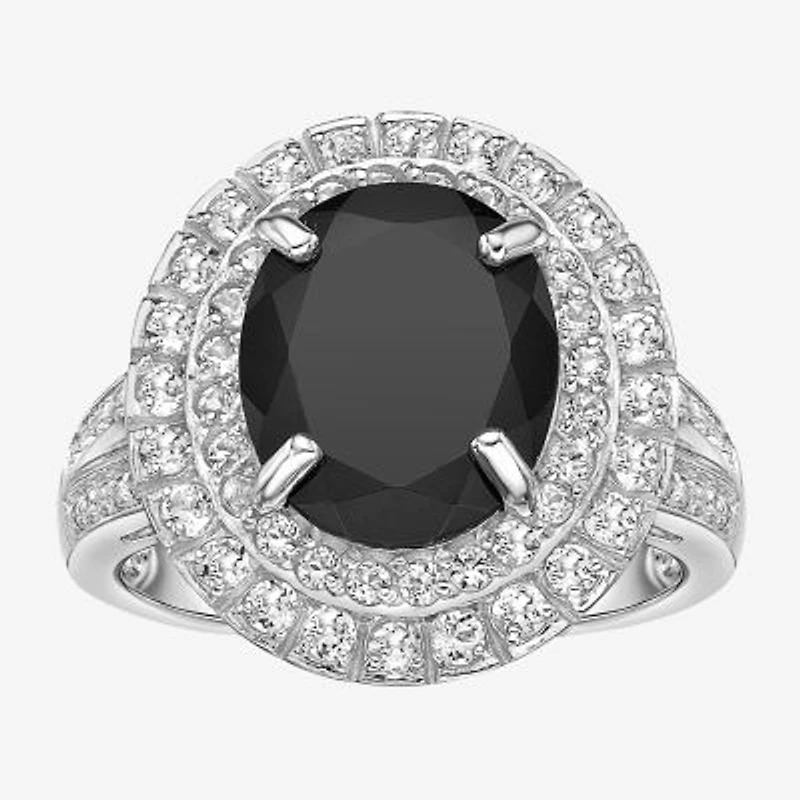 Womens Genuine Black Onyx Sterling Silver Oval Halo Cocktail Ring