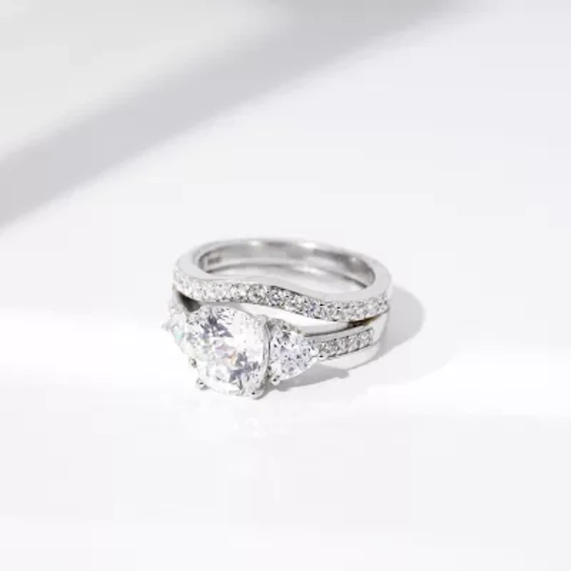 Diamonart Womens Cubic Zirconia Sterling Silver Side Stone 3-Stone Bridal Set