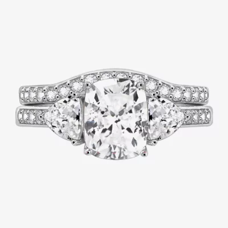 Diamonart Womens Cubic Zirconia Sterling Silver Side Stone 3-Stone Bridal Set