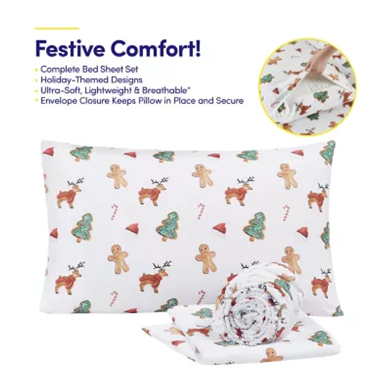 Sweet Home Collection Printed Christmas Holiday Microfiber Deep Pocket Sheet Set