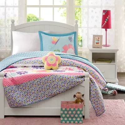 Intelligent Design Kids Blooming Butterflies Antimicrobial Reversible Quilt Set with decorative pillow