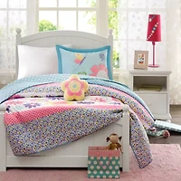 Intelligent Design Kids Blooming Butterflies Antimicrobial Reversible Quilt Set with decorative pillow