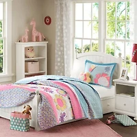 Intelligent Design Kids Blooming Butterflies Antimicrobial Reversible Quilt Set with decorative pillow