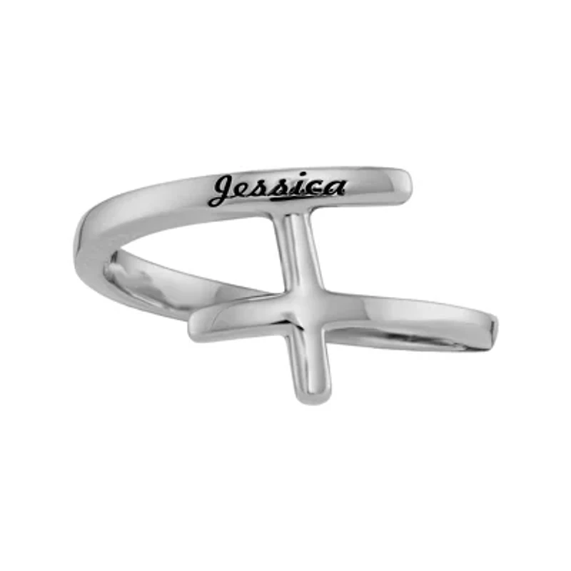 Personalized 10K White Gold Sideways Cross Name Ring