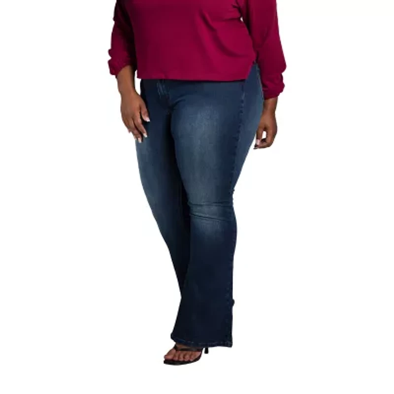 Poetic Justice Womens Plus Mid Rise Belly Flare Leg Jean