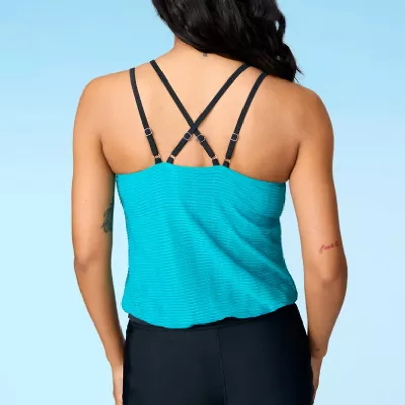 Free Country Womens Built In Bra Stretch Fabric Tankini Swimsuit Top