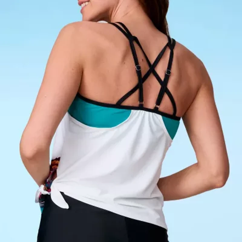 Free Country Womens Built In Bra Stretch Fabric Floral Tankini Swimsuit Top