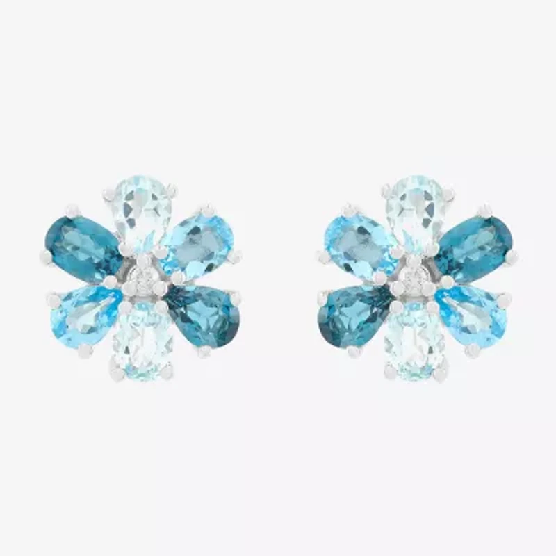 Limited Quantities! Diamond Accent Genuine Blue Topaz 10K Gold 10.4mm Flower Stud Earrings