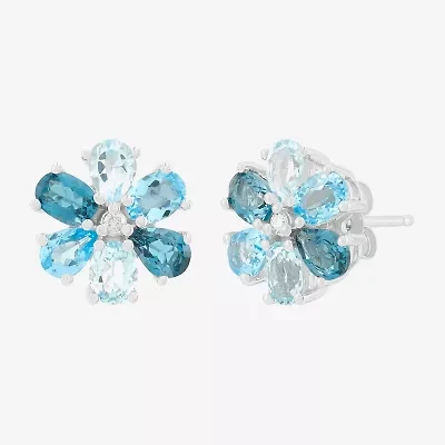 Limited Quantities! Diamond Accent Genuine Blue Topaz 10K Gold 10.4mm Flower Stud Earrings
