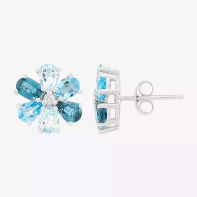 Limited Quantities! Diamond Accent Genuine Blue Topaz 10K Gold 10.4mm Flower Stud Earrings