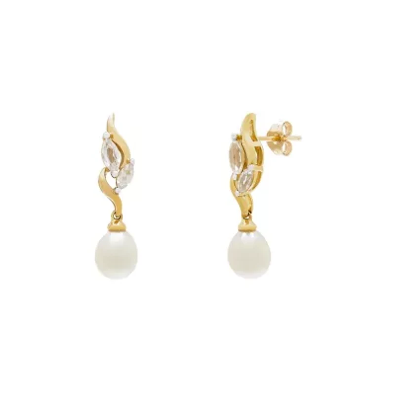 Womens White Cultured Freshwater Pearl 10K Gold Drop Earrings