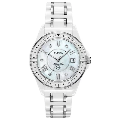 Bulova Marine Star Womens Diamond Accent White Strap Watch 98p172