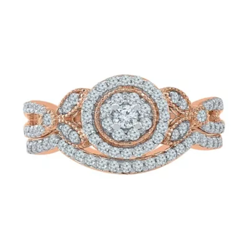 Womens 1/ CT. T.W. Natural White Diamond 10K Rose Gold Round Side Stone Halo Bridal Set