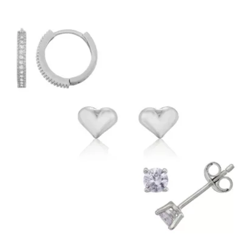 Girls Cubic Zirconia Sterling Silver Heart Earring Set