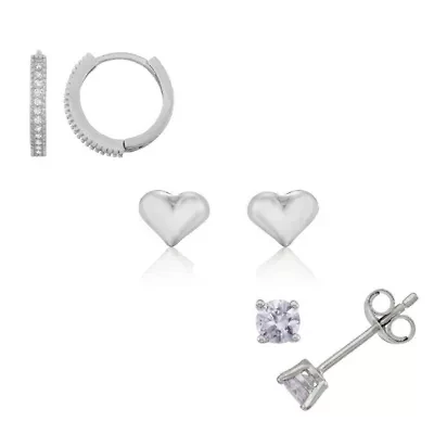 Girls Cubic Zirconia Sterling Silver Heart Earring Set
