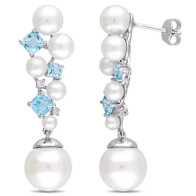 Womens Diamond Accent White Cultured Freshwater Pearl Sterling Silver Drop Earrings