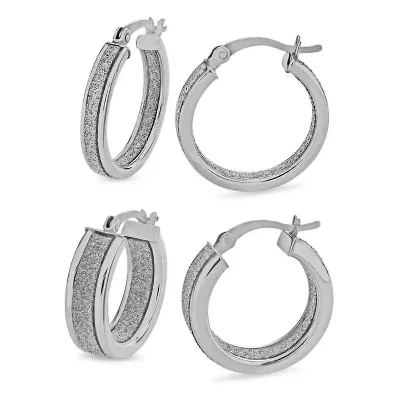 Sterling Silver Rhodium Glitter Hoop Earrings Set