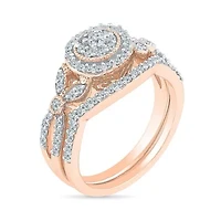 Womens 1/ CT. T.W. Natural White Diamond 10K Rose Gold Round Side Stone Halo Bridal Set