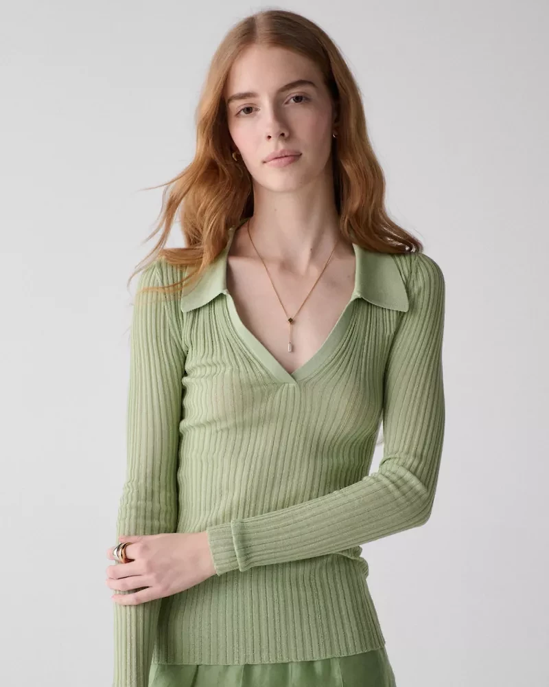 Sheer Long Sleeve Ribbed Polo