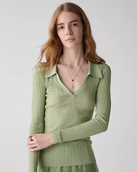 Sheer Long Sleeve Ribbed Polo