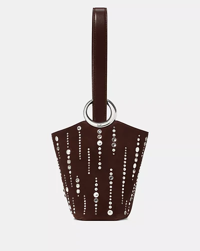 Halo Embellished Suede Mini Bucket Bag