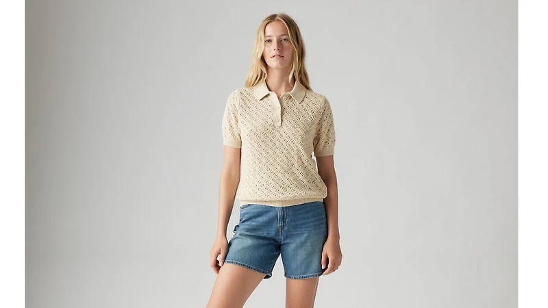 Lavender Pointelle Polo Sweater