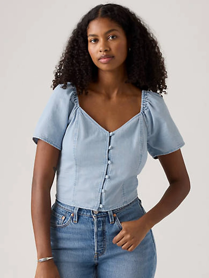 Kierra Short-Sleeve Denim Blouse