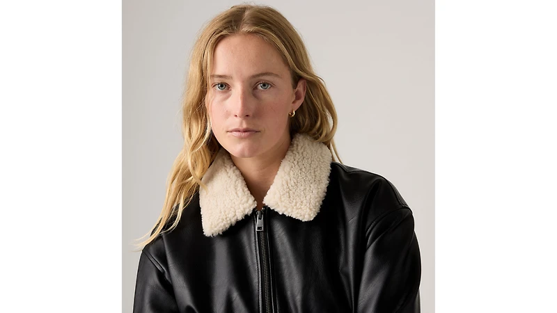 Faux Leather Bomber With Sherpa Collar