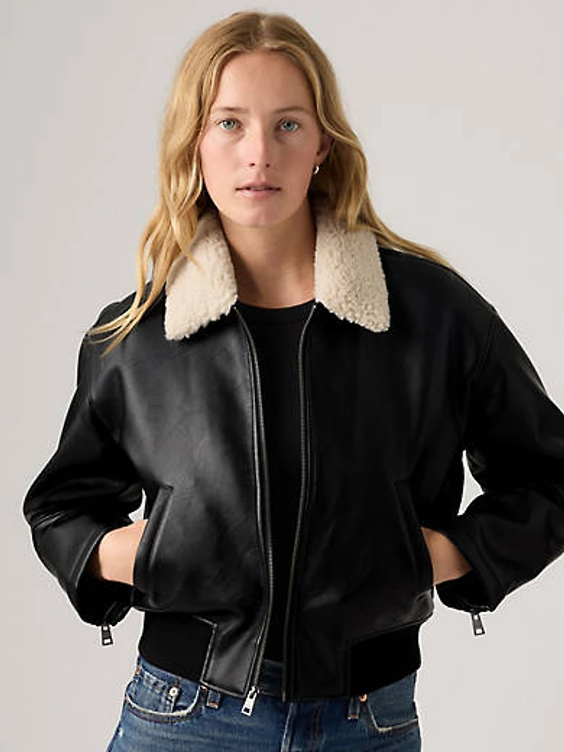 Faux Leather Bomber With Sherpa Collar