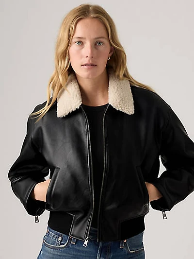 Faux Leather Bomber With Sherpa Collar