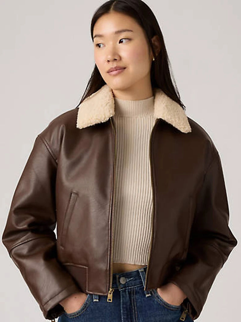 Faux Leather Bomber With Sherpa Collar