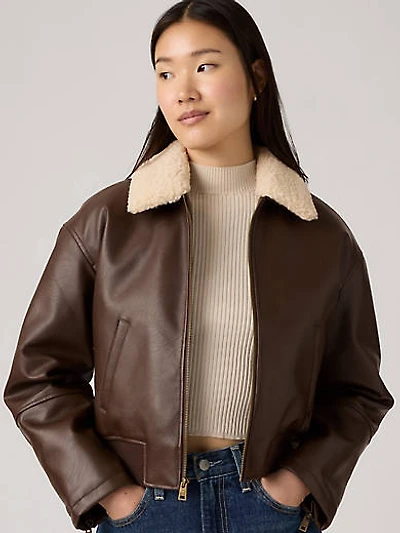 Faux Leather Bomber With Sherpa Collar