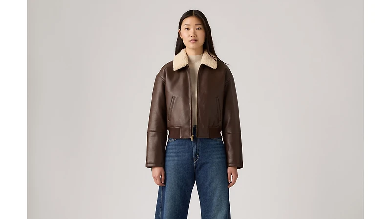 Faux Leather Bomber With Sherpa Collar