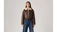 Faux Leather Bomber With Sherpa Collar