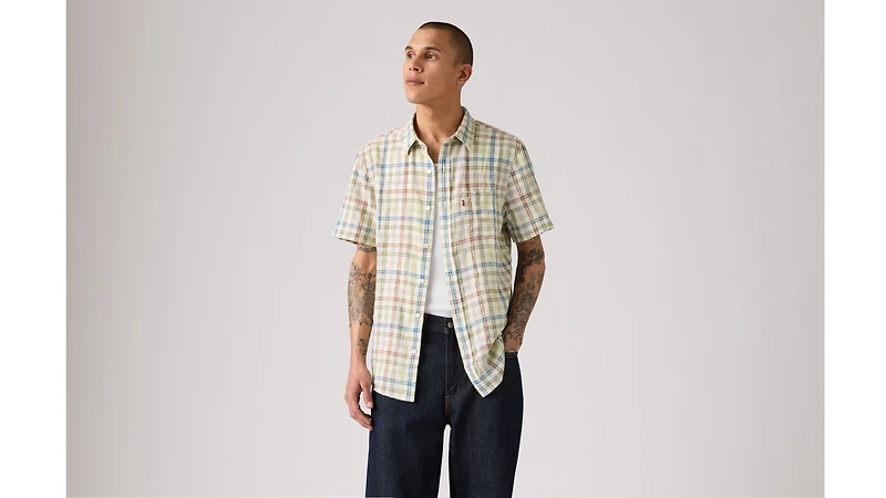 Short Sleeve Sunset Cotton Linen One Pocket Shirt