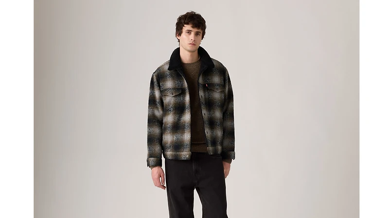 Relaxed Fit Sherpa Plaid Trucker Jacket