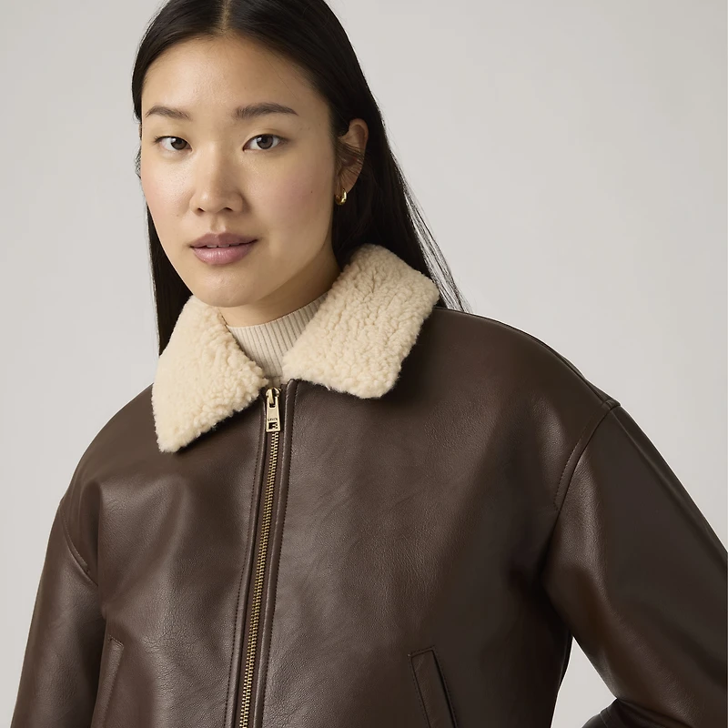 Faux Leather Bomber With Sherpa Collar