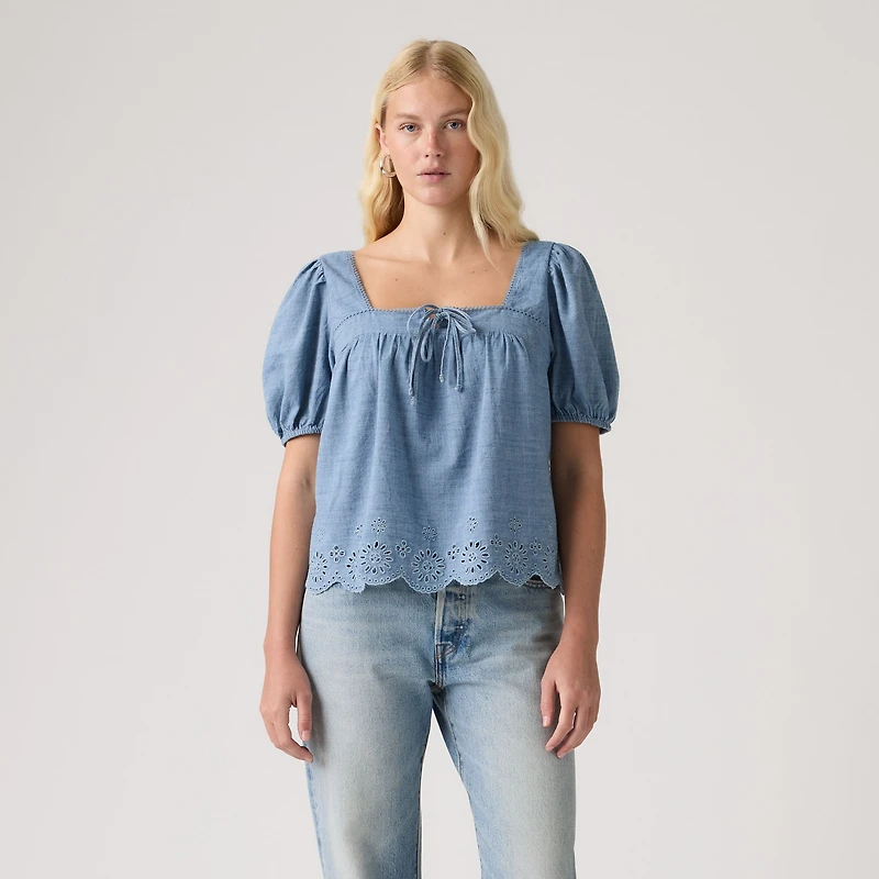 Darling Short-Sleeve Cutwork Blouse
