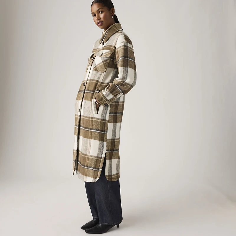 Long Plaid Shirt Jacket With Interior Quilted Lining