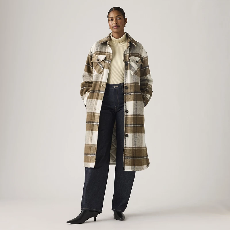 Long Plaid Shirt Jacket With Interior Quilted Lining