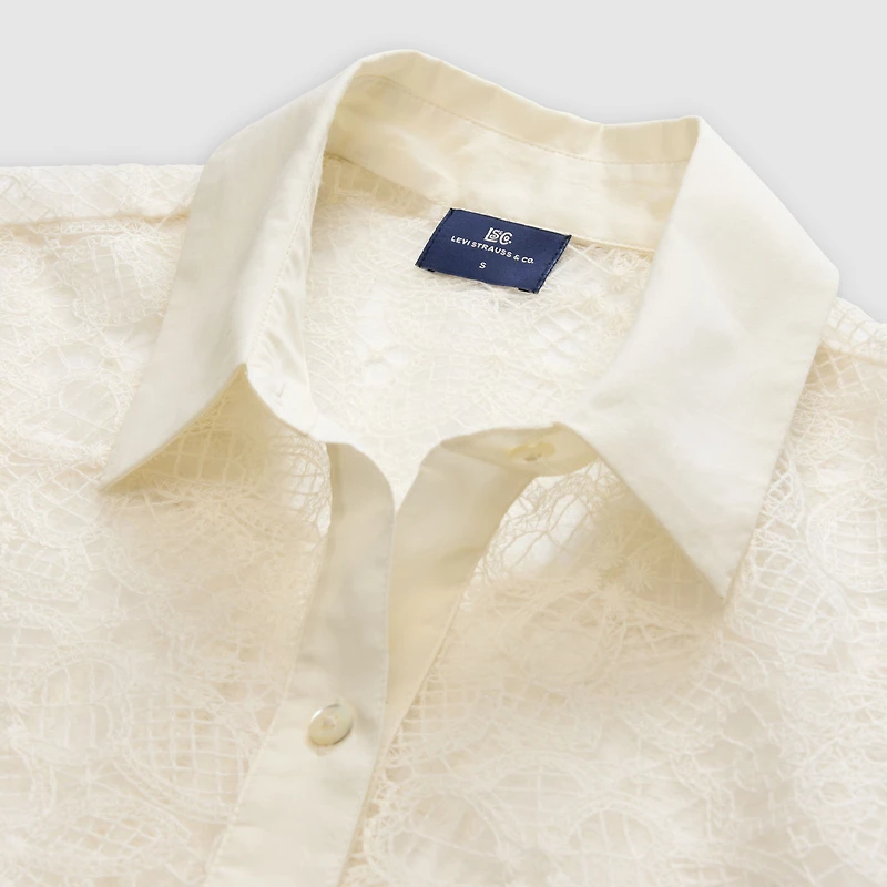 Lace Short-Sleeve Button Down Blouse