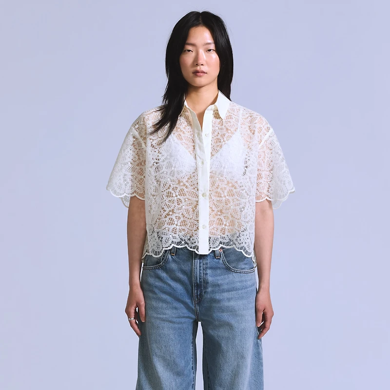 Lace Short-Sleeve Button Down Blouse